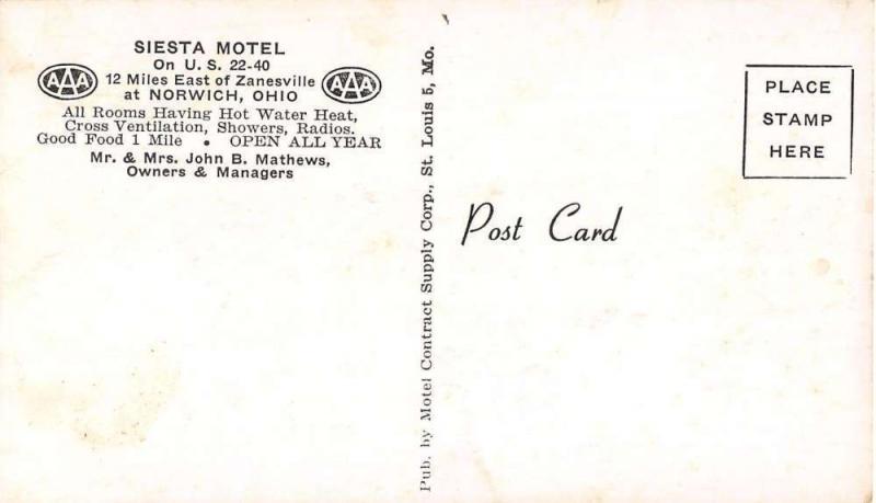 Zanesville Ohio Siesta Motel Street View Antique Postcard K29544