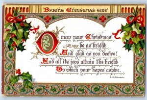 1909 Christmas Message Holly Berries Embossed South Framingham MA Postcard