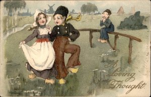 Valentines Dutch Children Dance Loving Thought c1900-20s Vintage Postcard
