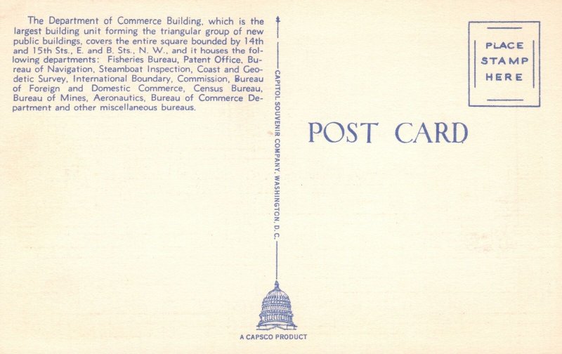 Vintage Postcard Department Of Commerce Largest Building Unit Washington DC