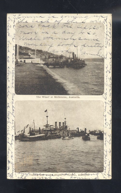 MELBOURNE & SYDNEY AUSTRALIA WHARV SHIP SCENE 1910 VINTAGE POSTCARD