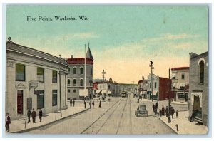 1914 Five Points Exterior Streetcar Trolley Waukesha Wisconsin Vintage Postcard