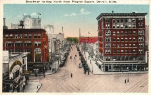 Vintage Postcard Broadway Looking North From Pingree Square Detroit Michigan MI