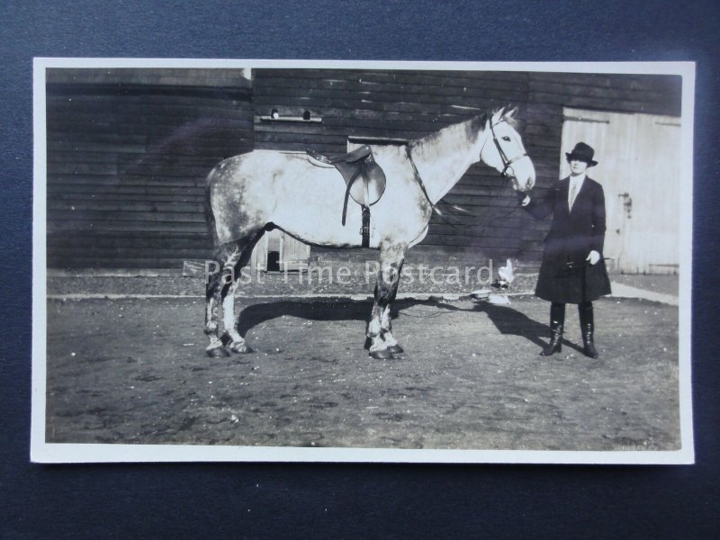 LADY WITH WHITE & BLACK SPECKLED HORSE early RP Postcard