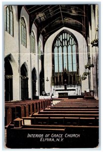 1918 Interior Grace Church Chapel Pew Chairs Elmira New York NY Vintage Postcard