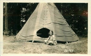 Camping Girl Teepee 1920s Outdoor life RPPC Photo Postcard 21-6299