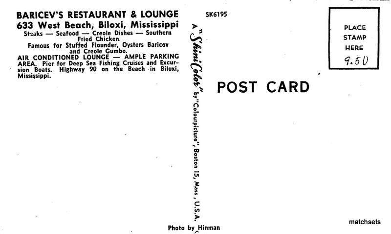 Baricev's Restaurant Lounge BILOXI MISSISSIPPI autos Colorpicture POSTCARD 3733