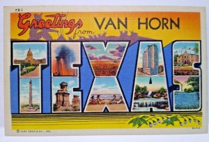 Greetings From Van Horn Texas Big Large Letter Linen Postcard Curt Teich Unused