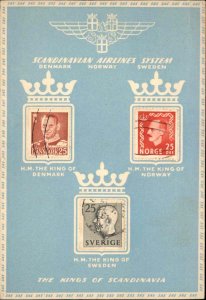 SAS Scandinavian Airlines System Stamps of Kings Norway Denmark Sweden PC