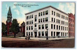 Warren Ohio OH Postcard Stone Block First Christian Church Building 1913 Vintage