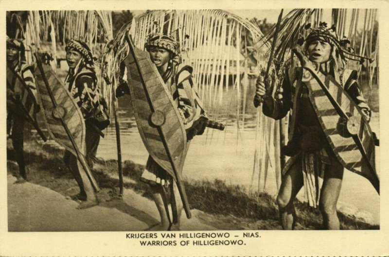 indonesia, NIAS, Armed Native Hilligenowo Warriors, Shield (1940s) KPM Postcard