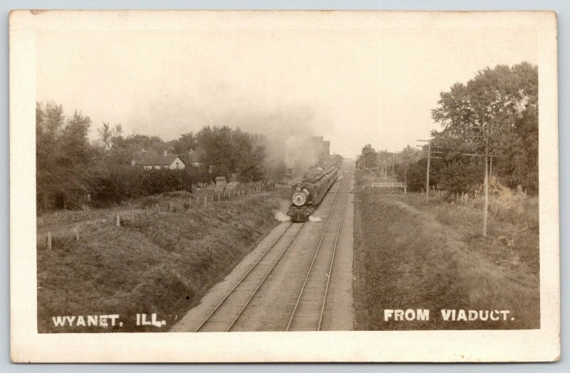 Wyanet Illinois~From Viaduct~Steam Train Leaves Grain Elevators Behind~1910 RPPC 