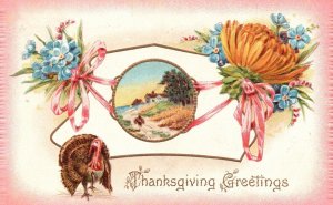 Vintage Postcard 1910's Thanksgiving Greetings Landscape Turkey Flowers Souvenir