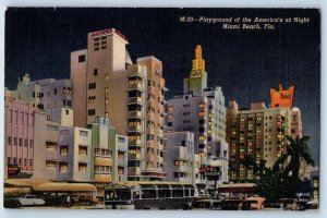 c1940  Playground Of America's At Night Street Cars Miami Beach Florida Postcard