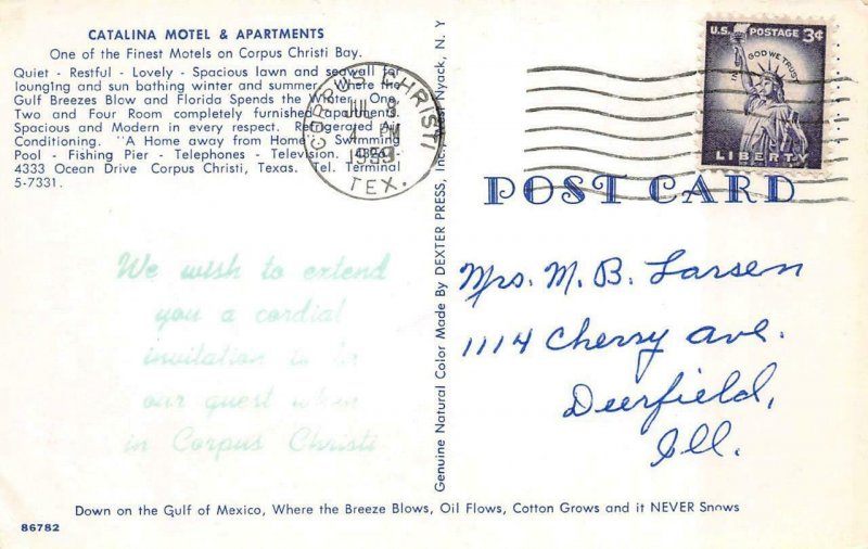 CORPUS CHRISTI Texas TX ~ CATALINA MOTEL  Night~Pool~Bay  ROADSIDE 1959 Postcard