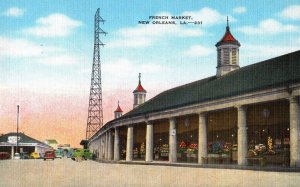 VINTAGE POSTCARD FRENCH MARKET AND STREET CARS AT NEW ORLEANS LOUISIANA 1948