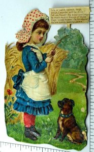 Lovely Girl Dog Bonnett Rags Poem Victorian Die Cut Scrap 3 3/4 X 5 1/2 &O