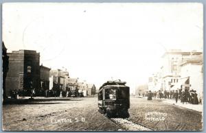 ELKTON S. DAKOTA STREET SCENE w/ TRAIN 1912 ANTIQUE PHOTOMONTAGE REAL PHOTO RPPC