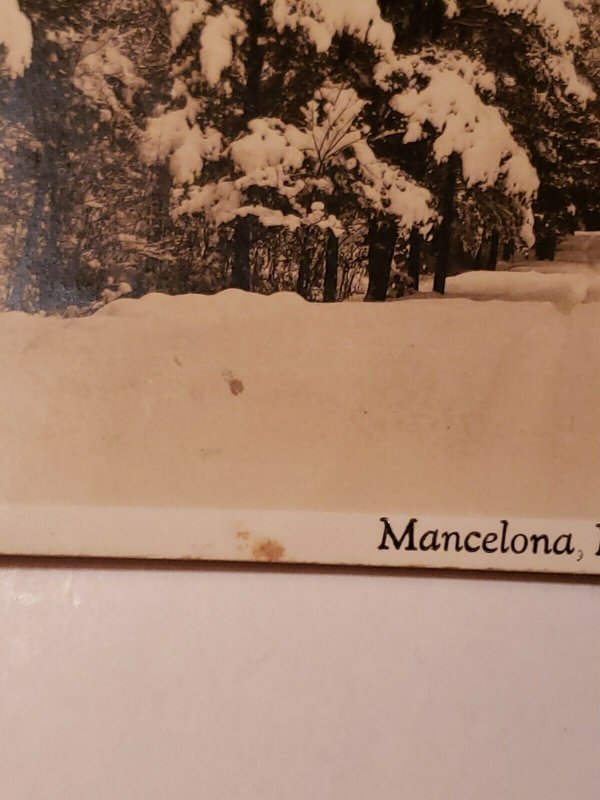 Vintage Postcard Mancelona Michigan winter trees snow black and white 1943