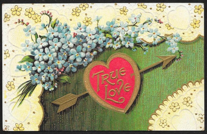 True Love Arrow Through Heart & Violets Unused c1910s