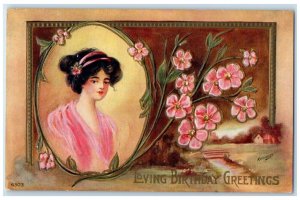 c1910's Birthday Greetings Pretty Woman Pink Flowers Reynolds Embossed Postcard