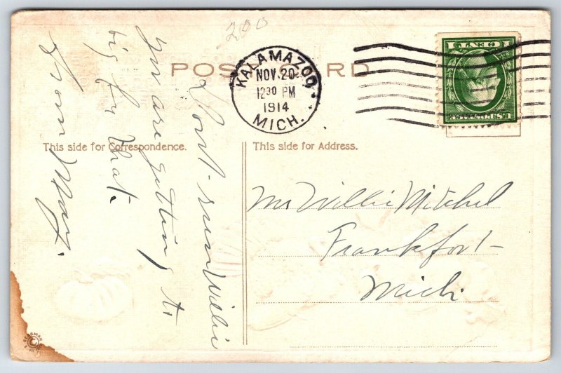 Holiday~Thanksgiving~Dutch Boy Running From Turkey~PM 1914~Vintage Postcard