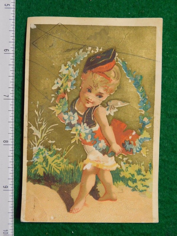 1870s-80s Dimon & Disbrow Fine Shoes Girl Flowers Victorian Trade Card F28