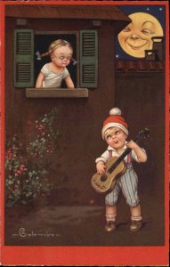 Colombo Man in the Moon Little Boy Plays Guitar for Little Girl Vintage Postcard