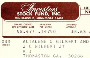1967 INVESTORS STOCK FUND MINNEAPOLIS MN DIVIDEND REINVESTED NOTICE Z919