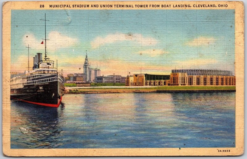 Municipal Stadium and Union Terminal Tower Boat Landing Cleveland OH Postcard