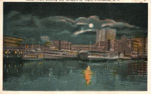 Vintage Postcard 1920's Water Front Showing Sky Scrapers By Night Providence RI