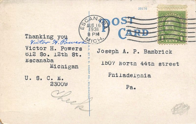 High School Escanaba Michigan 1931 postcard