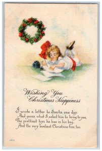 Christmas Postcard Little Girl Writing Ink Holly Berries Whreath c1910's Antique