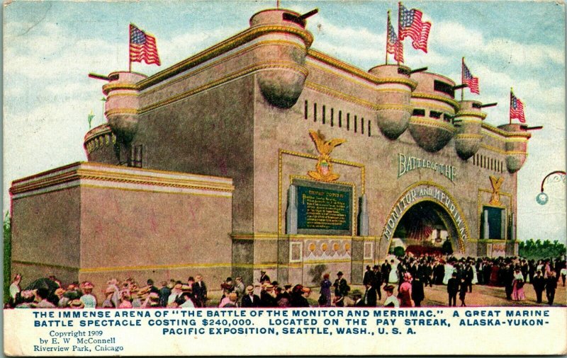 Alaska Yukon Exposition Marine Battle of Monitor & Merrimac Arena Postcard UNP