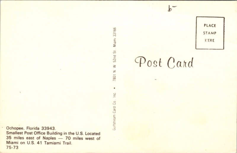 Postcard Smallest Post Office Building in US 41 Tamiami Trail Ochopee, Florida