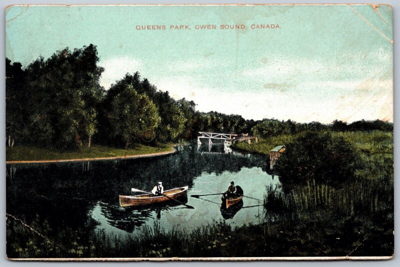 Postcard Owen Sound Ontario c1910 Queens Park Men Canoeing to Ethel ONT RPO