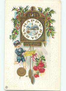 Pre-Linen New Year MESSENGER BOY WITH LARGE CLOCK AB2501