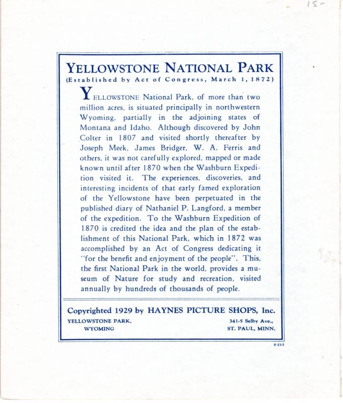 YELLOWSTONE NATIONAL PARK,  SCENIC GEMS , SERIES C.