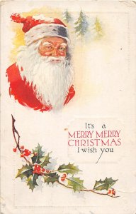 J6/ Santa Claus Christmas Postcard c1910 Holly Trees Snow 86