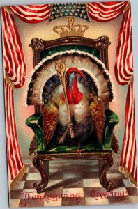 Postcard Patriotic Thanksgiving Turkey with Scepter on Throne American Flag