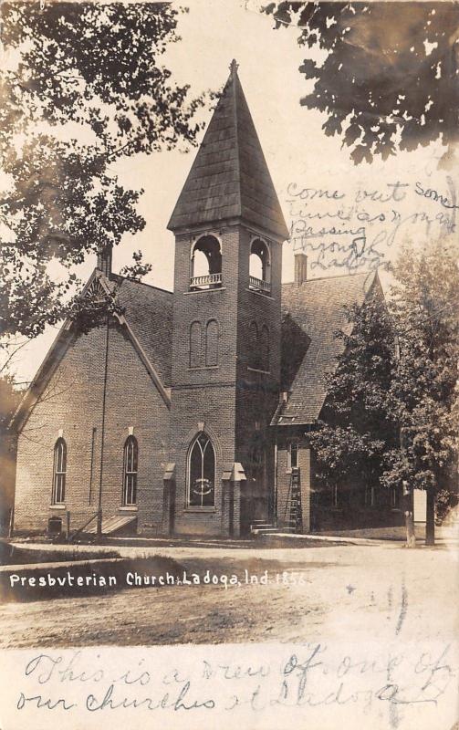 Ladoga Indiana~Presbyterian Church~Dirt Road~Couldn't Find School~1908 RPPC 