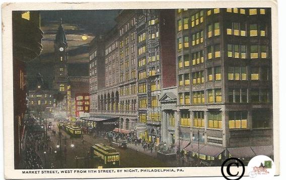 Vintage Postcard Night Scene Market Street Philadelphia PA Trolley Clock Tower