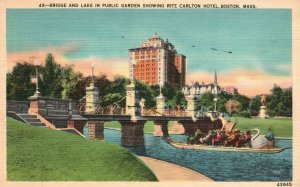 Vintage Postcard 1943 Bridge & Lake Public Garden Ritz-Carlton Hotel Boston Mass