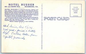 RICHMOND, Virginia  VA    Roadside  HOTEL RUEGER  1946  Linen  Postcard