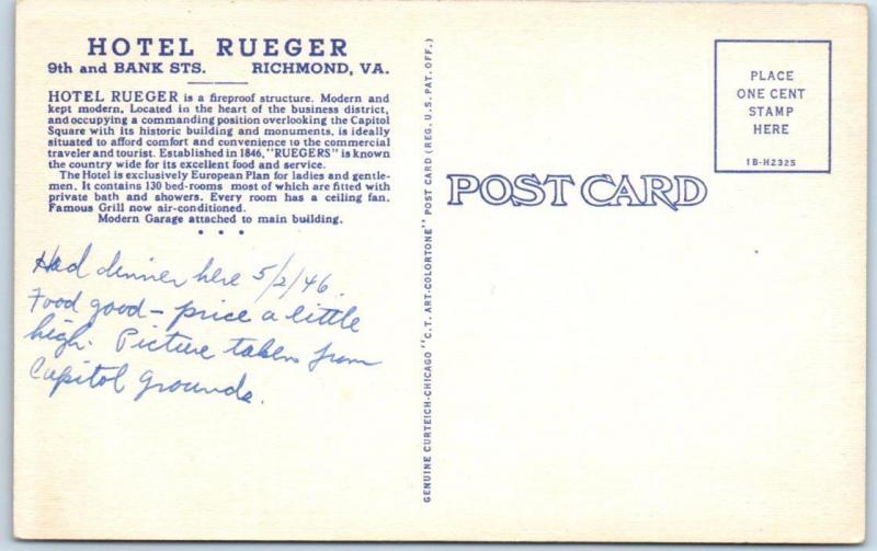 RICHMOND, Virginia  VA    Roadside  HOTEL RUEGER  1946  Linen  Postcard