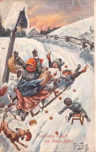 Christmas Greetings New Year Riding Sled Humor Thiele Vintage Postcard AA70988