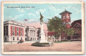 Monument Square Battle Creek Michigan 1921 Postcard Clock Tower Auto