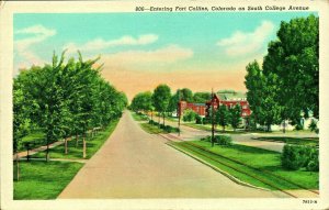 Fort Collins Colorado CO South College Avenue Linen Postcard