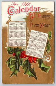 Nash~Holly 1910 Calendar & New Year Greeting~Vintage Postcard