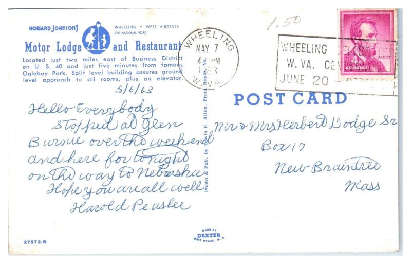 1963 Howard Johnson Motor Lodge and Restaurant, Wheeling, WV Postcard